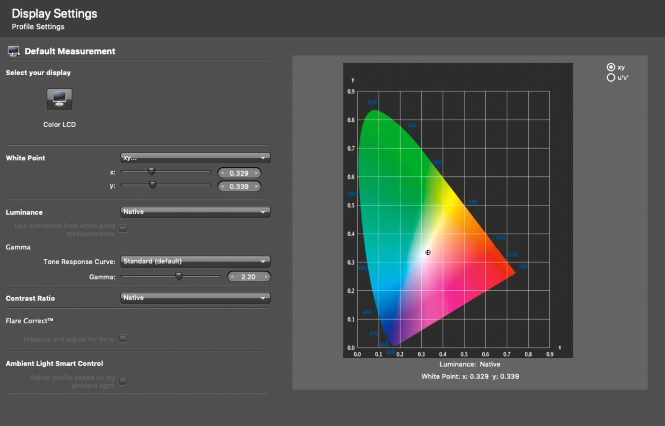 i1Profiler's display calibration with xy White Point setting selected